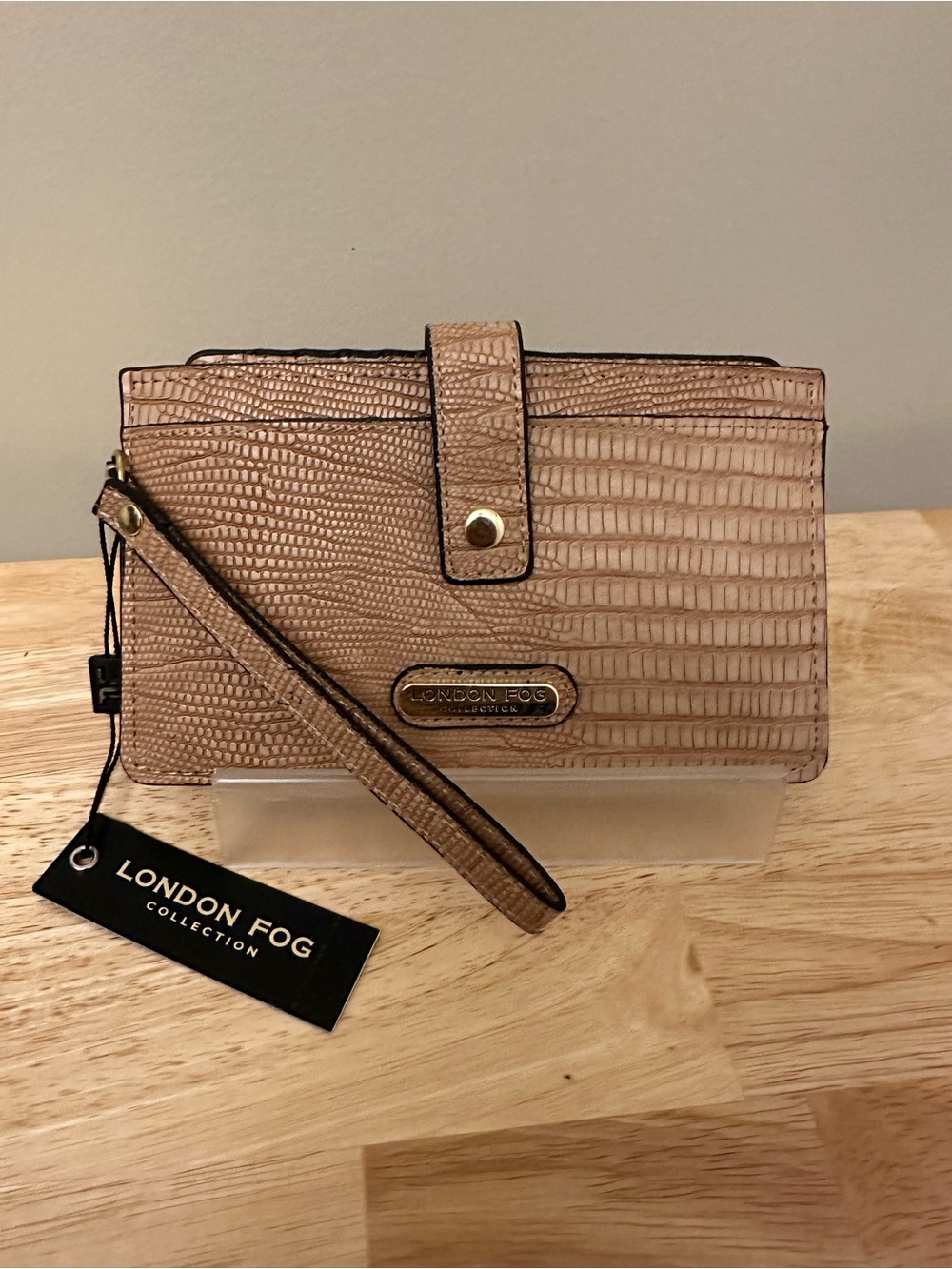 London Fog Taupe Croc-Embossed Wristlet Wallet